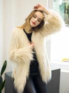 Choies Beige Collarless Longline Faux Fur Coat