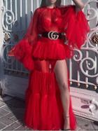 Choies Red Tie Waist Ruffle Trim Flare Sleeve Chic Women Lace Maxi Dress
