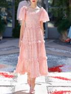 Choies Pink 3d Flower Embellished Short Sleeve Chic Women Lace Midi Dress