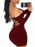 Choies Burgundy Off Shoulder Lace Up Back Backless Bodycon Mini Dress