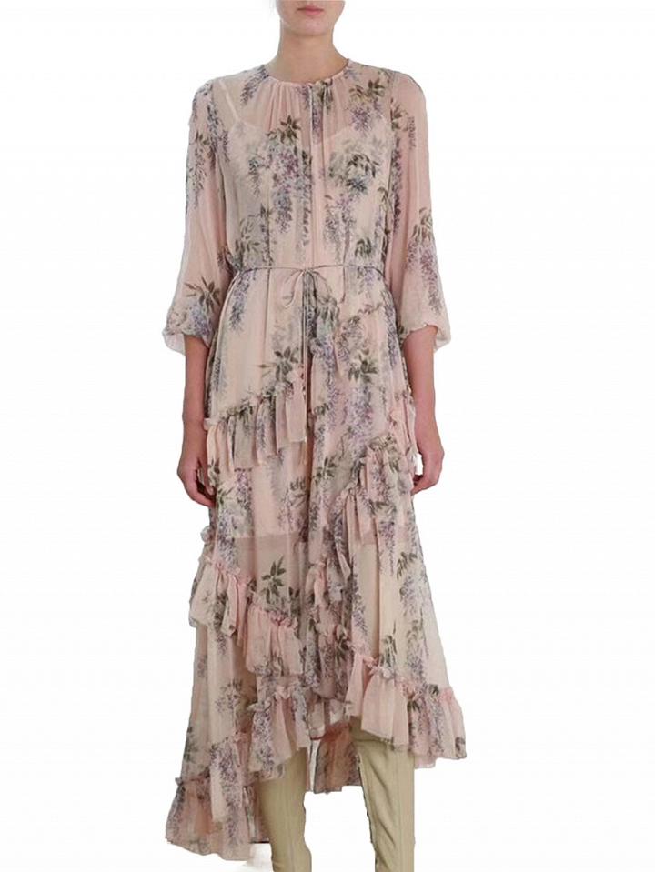 Choies Pink Chiffon Floral Print Puff Sleeve Chic Women Hi-lo Maxi Dress