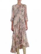 Choies Pink Chiffon Floral Print Puff Sleeve Chic Women Hi-lo Maxi Dress