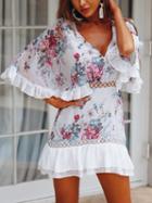 Choies White Chiffon V-neck Floral Print Cape Sleeve Chic Women Mini Dress