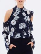 Choies Navy High Neck Floral Print Cold Shoulder Ruffle Blouse