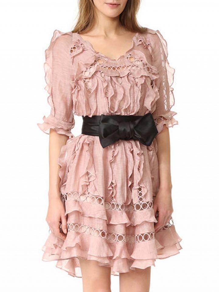 Choies Pink Ruffle Detail Cut Out Bowknot Waist Half Sleeve Mini Dress