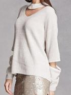 Choies White V-neck Cut Out Detail Long Sleeve Chic Women Knit Sweater
