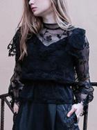 Choies Black High Neck Embroidery Sheer Mesh Panel Blouse