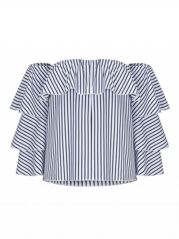 Choies Blue Stripe Off Shoulder Ruffle Flared Sleeve Blouse