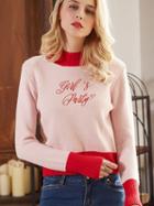 Choies Pink Contrast High Neck Embroidery Letter Knit Sweater