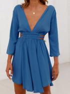 Choies Blue Plunge Open Back Long Sleeve Chic Women Mini Dress