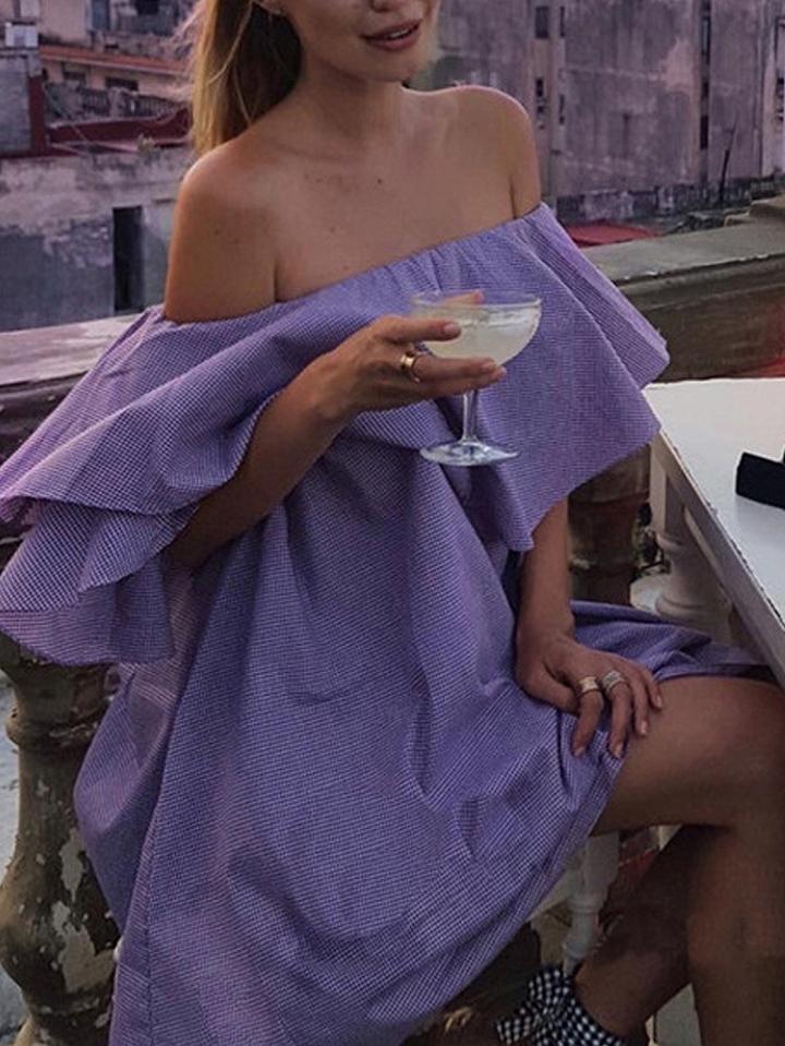 Choies Purple Gingham Off Shoulder Ruffle Tunic Dress