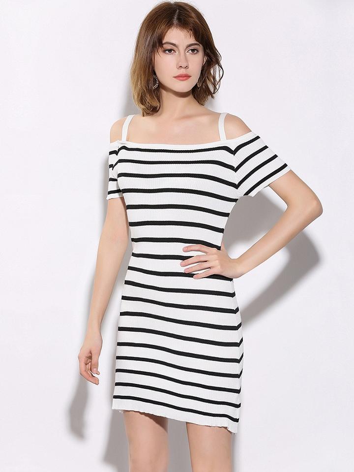 Choies Monochrome Striped Cold Shoulder Knit Cami Bodycon Dress