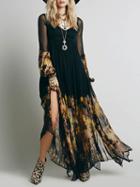 Choies Black V-neck Sheer Sleeve Floral Asymmetric Hem Maxi Dress