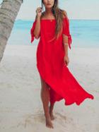Choies Red Off Shoulder Irregular Thigh Split Chic Women Midi Dress