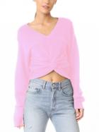 Choies Pink V-neck Twist Front Long Sleeve Cropped Sweater