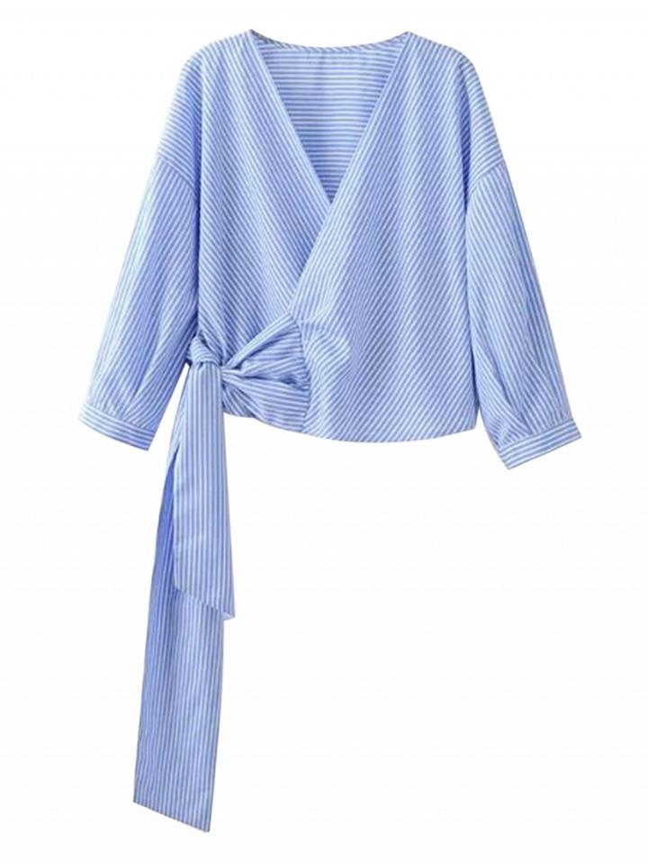 Choies Blue Stripe Wrap V-neck Tie Waist Blouse