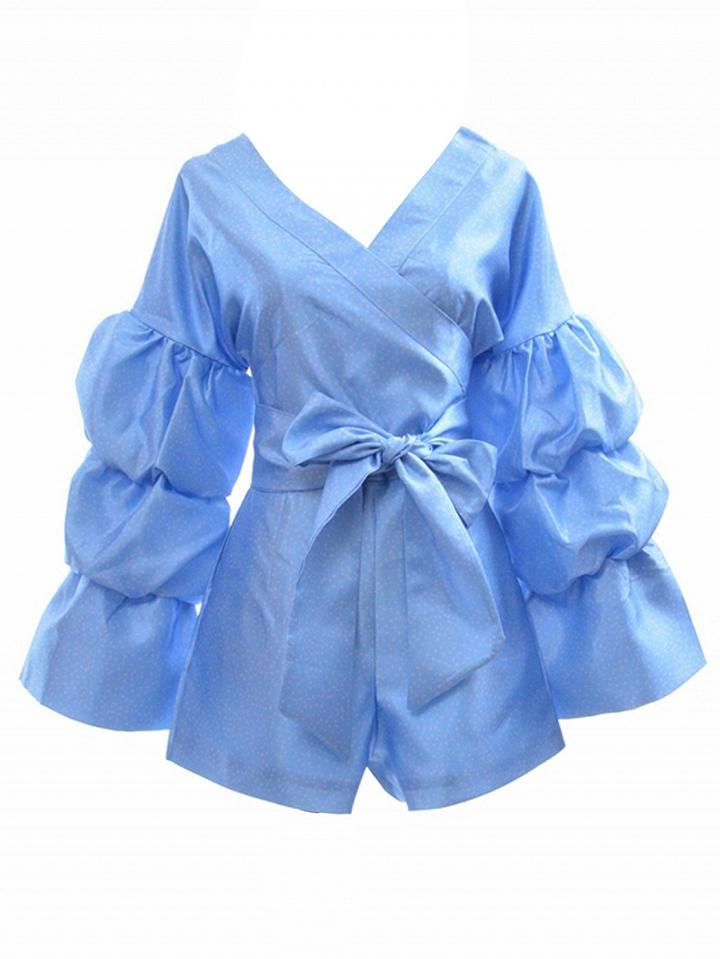 Choies Blue V-neck Tie Waist Puff Sleeve Romper Playsuit