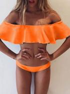 Choies Orange Ruffle Off The Shoulder Bikini Top And Bottom