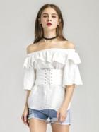 Choies White Off Shoulder Ruffle Corset Belt Half Sleeve Top