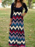 Choies Navy Contrast Chevron Print 3/4 Sleeve Boho Maxi Dress