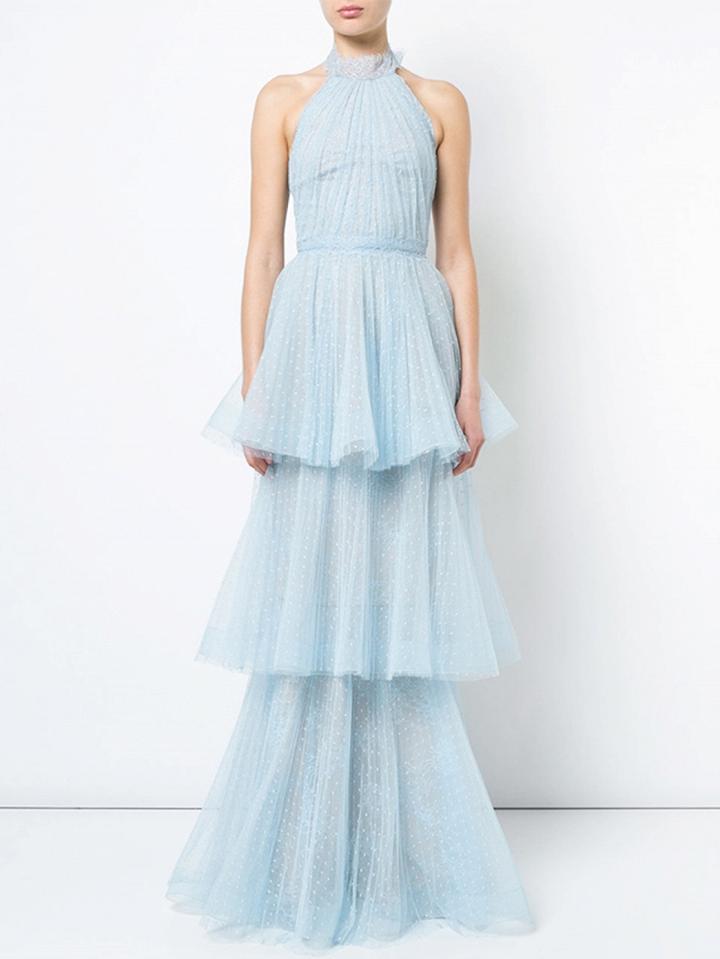 Choies Light Blue Halter Layered Hem Sleeveless Chic Women Lace Maxi Dress