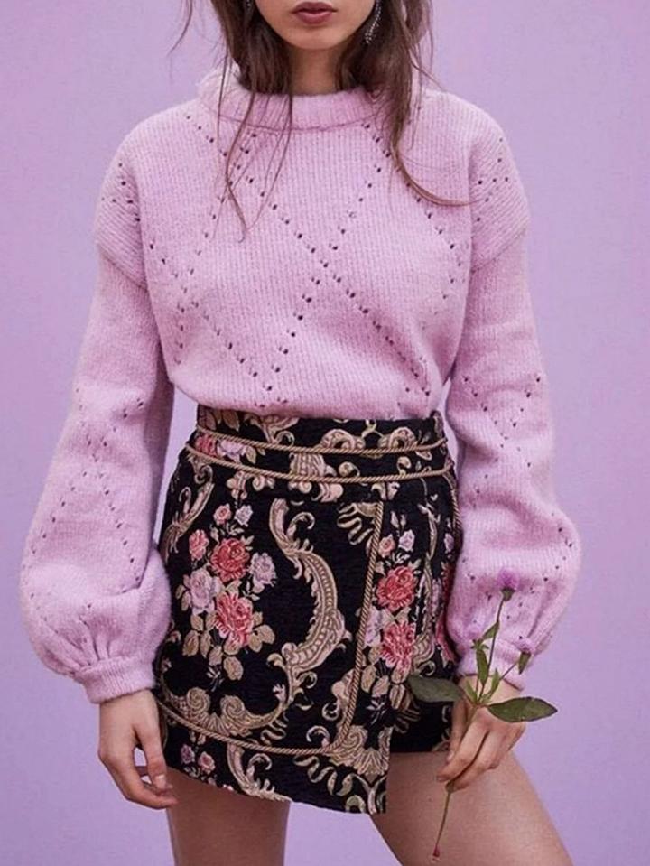 Choies Pink Cotton Crew Neck Cut Out Detail Puff Sleeve Women Sweater