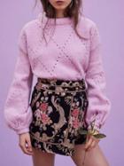 Choies Pink Cotton Crew Neck Cut Out Detail Puff Sleeve Women Sweater