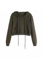 Choies Army Green Drawstring Pouch Pocket Crop Hoodie