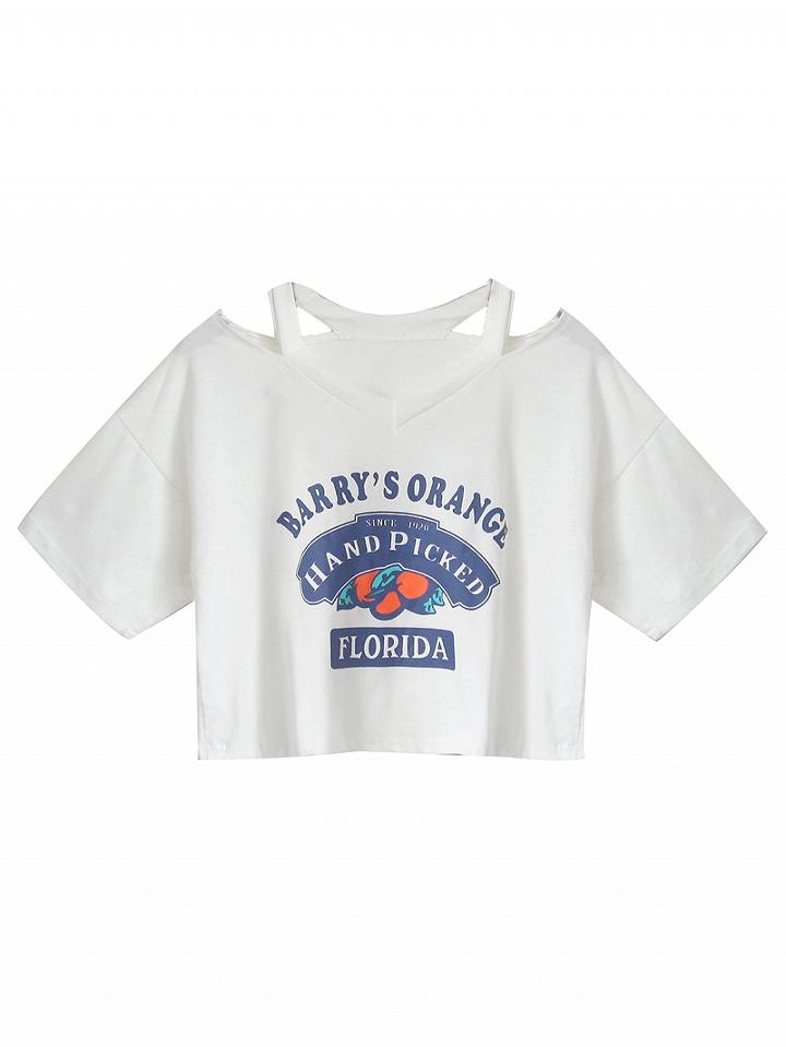 Choies White V-neck Letter Print T-shirt
