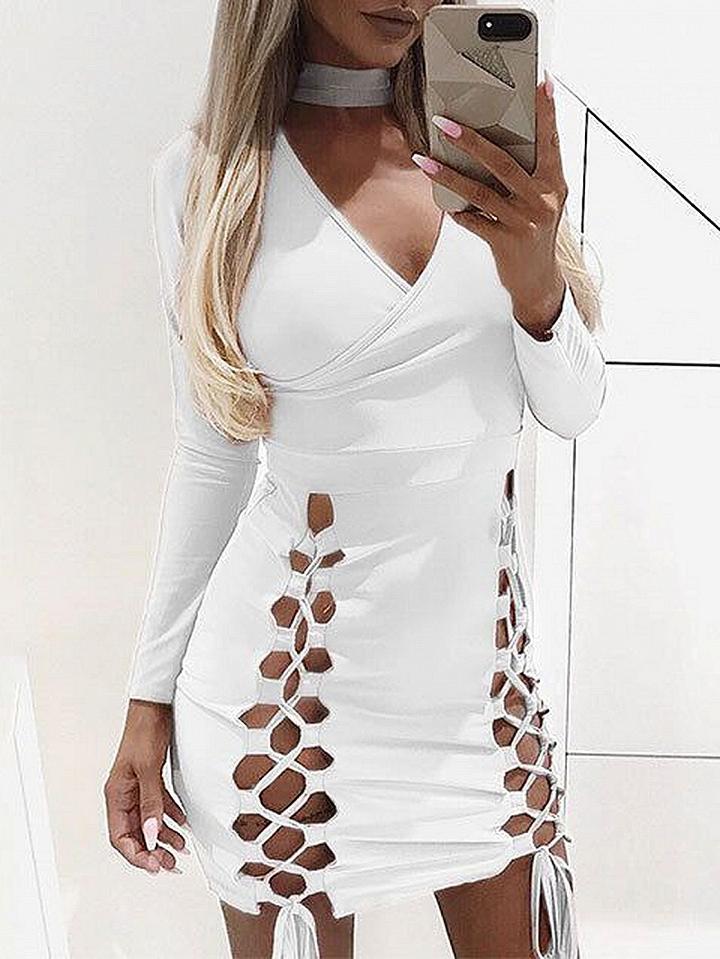 Choies White Halter Plunge Lace Up Front Long Sleeve Bodycon Mini Dress
