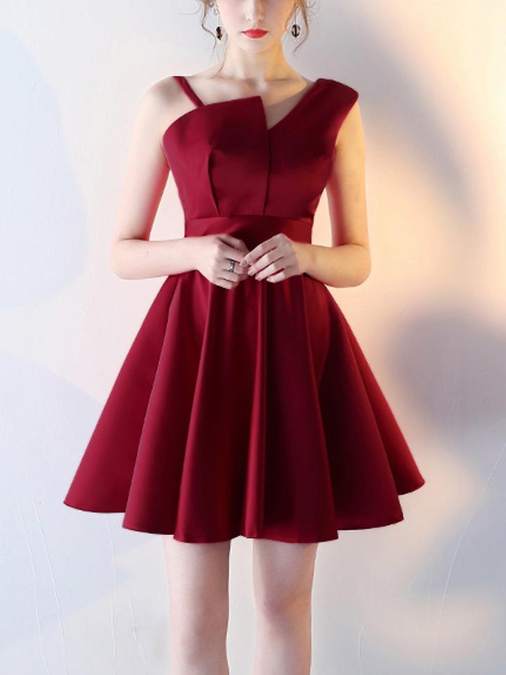 Choies Red Satin Asymmetric Strap Sleeveless Skater Prom Dress