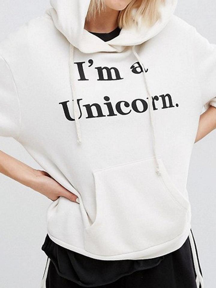 Choies White Letter Print Unicorn Ear Pouch Pocket Long Sleeve Hoodie