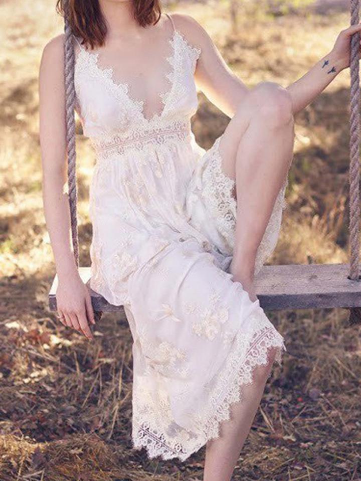 Choies White Spaghetti Strap V-neck Open Back Lace Jumpsuit