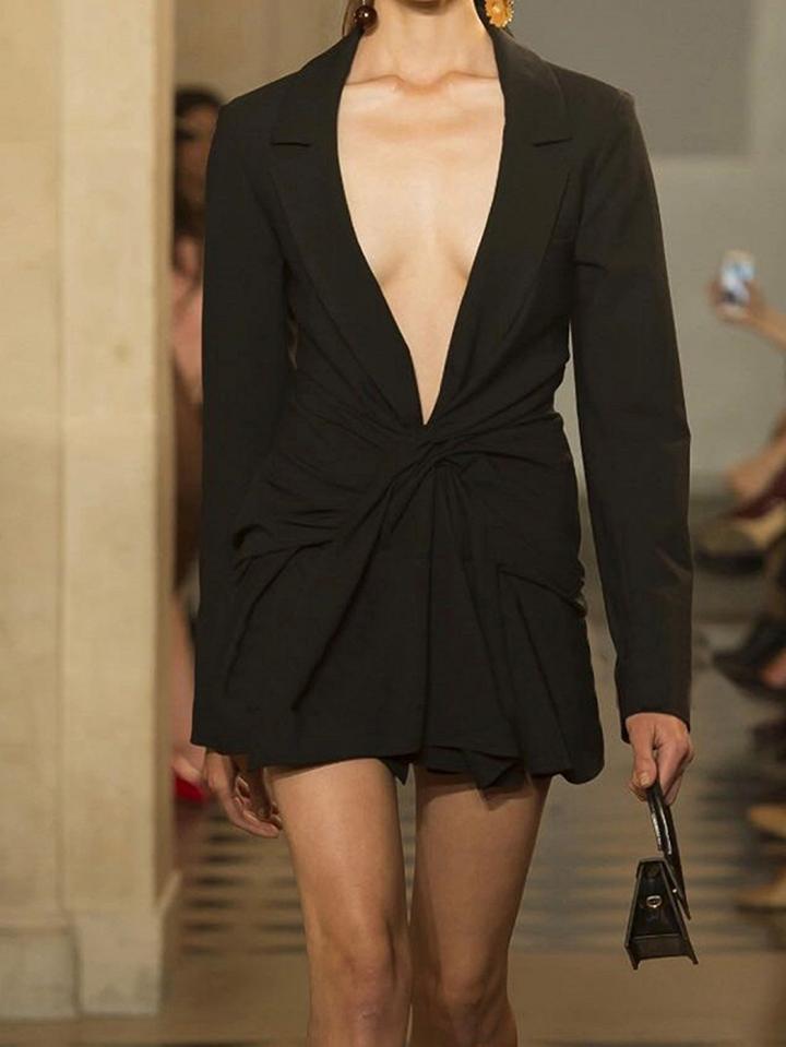 Choies Black Plunge Tie Front Long Sleeve Chic Women Mini Dress