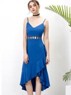 Choies Blue V-neck Spaghetti Strap Cut Out Ruffle Hem Hi-lo Dress