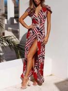 Choies Burgundy V-neck Floral Print Thigh Split Front Maxi Dress