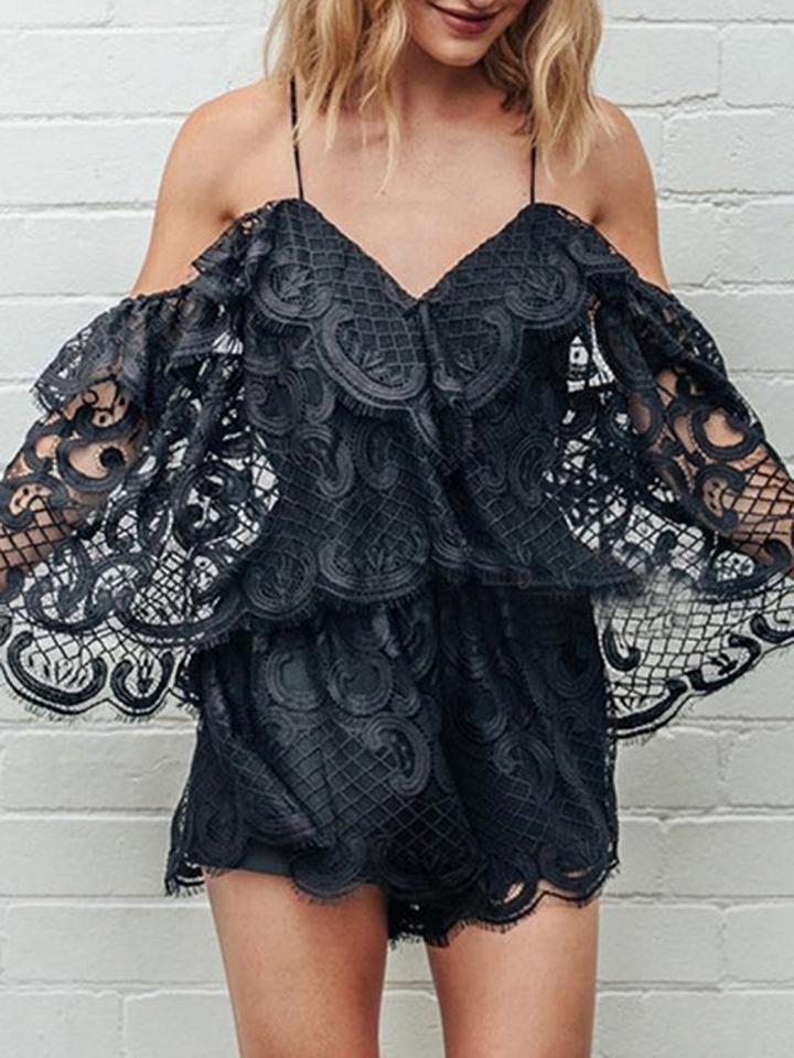 Choies Black V-neck Spaghetti Strap Lace Romper Playsuit