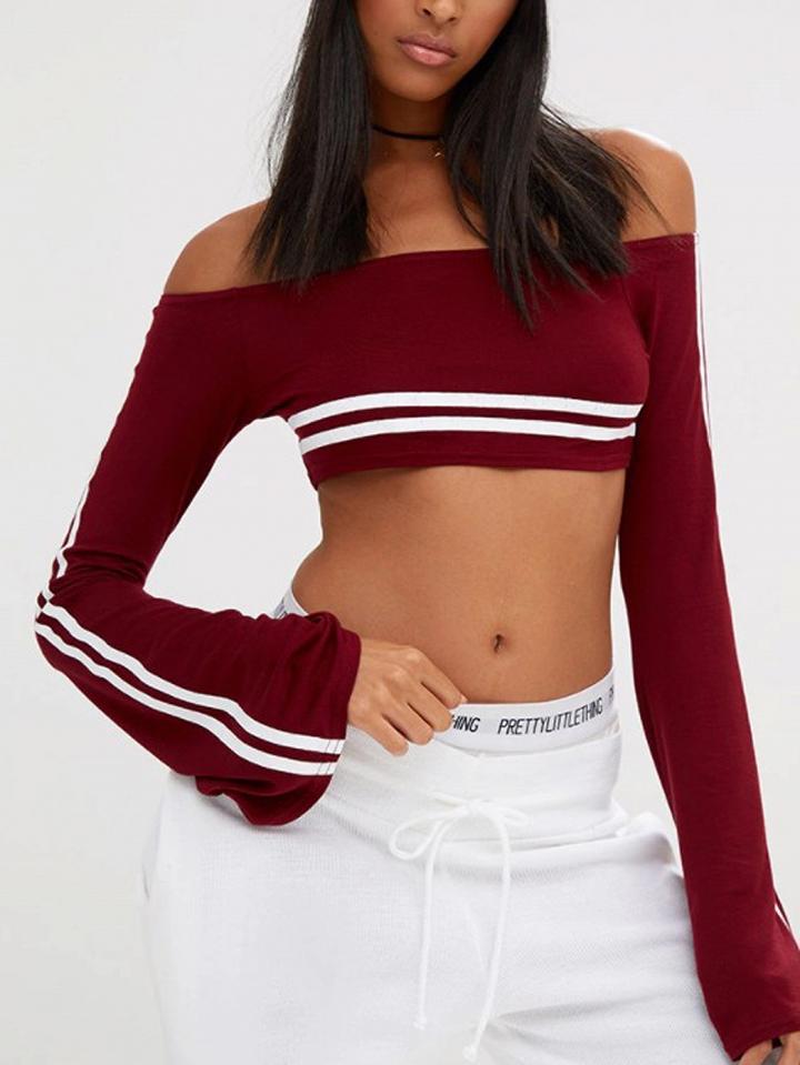 Choies Red Stripe Off Shoulder Flare Sleeve Crop Top