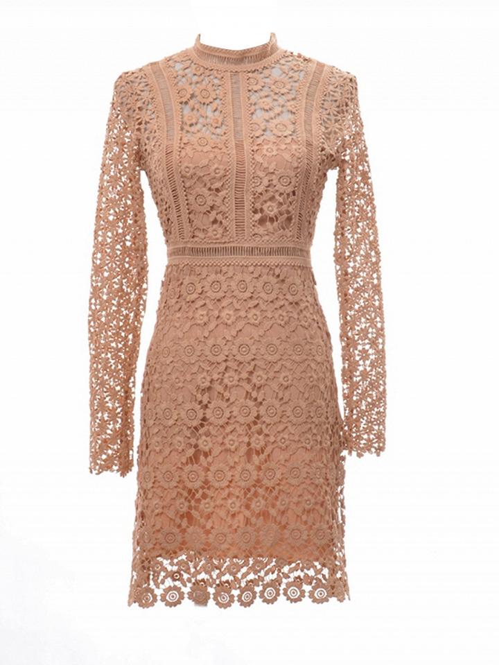 Choies Nude Stand Collar Cut Out Long Sleeve Overlay Lace Dress
