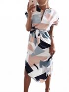Choies Polychrome Color Block Geometric Print Tie Belt Midi Dress