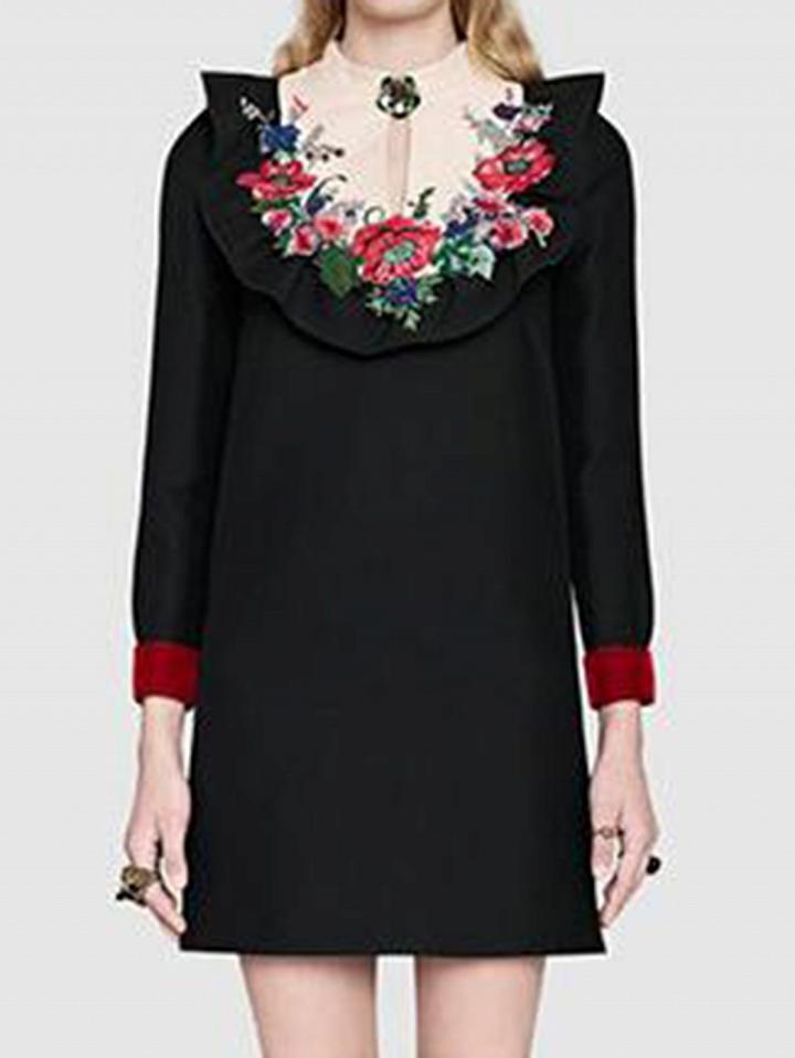 Choies Black Flower Embroidery Ruffle Trim Long Sleeve Chic Women Mini Dress