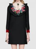 Choies Black Flower Embroidery Ruffle Trim Long Sleeve Chic Women Mini Dress