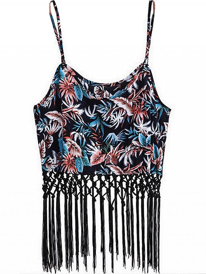 Choies Navy Blue Print Detail Tassel Hem Crop Cami Top