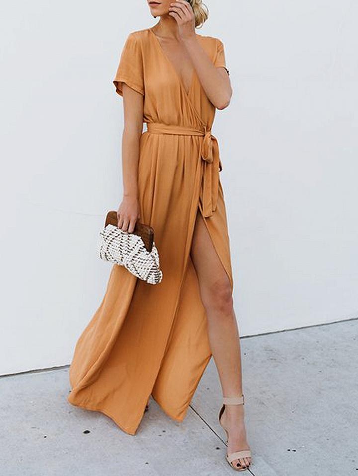 Choies Khaki V-neck Tie Waist Thigh Split Front Maxi Dress