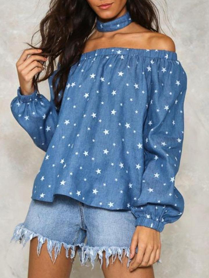 Choies Blue Off Shoulder Star Print Long Sleeve Blouse