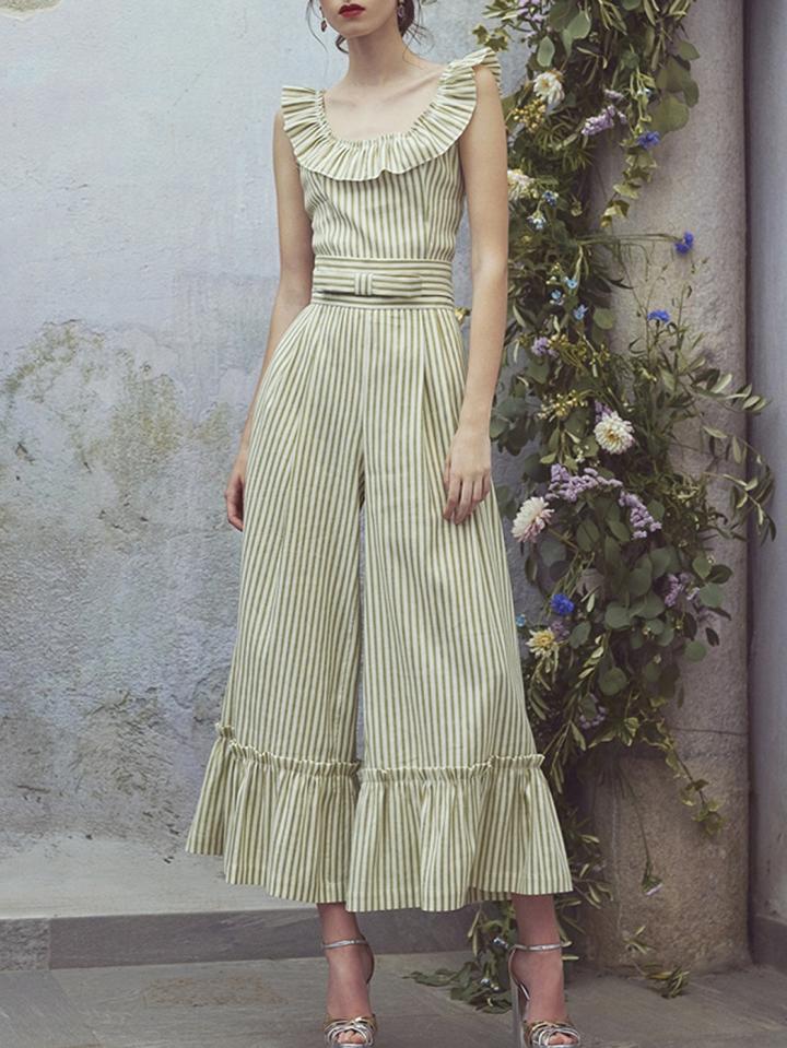 Choies Green Stripe Cotton Ruffle Trim Sleeveless Chic Women Romper Jumpsuit