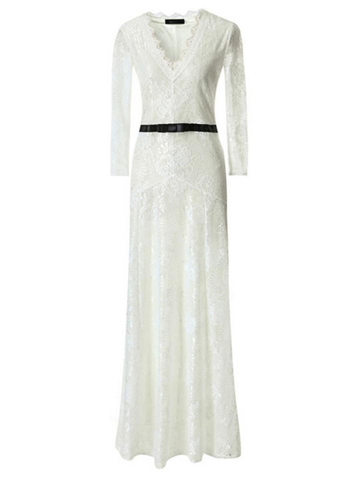 Choies White V-neck Crochet Lace Panel Bow Tie Prom Dress