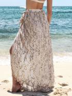 Choies Brown Mesh Sequin Tassel Thigh Split Chic Women High Waist Skirt