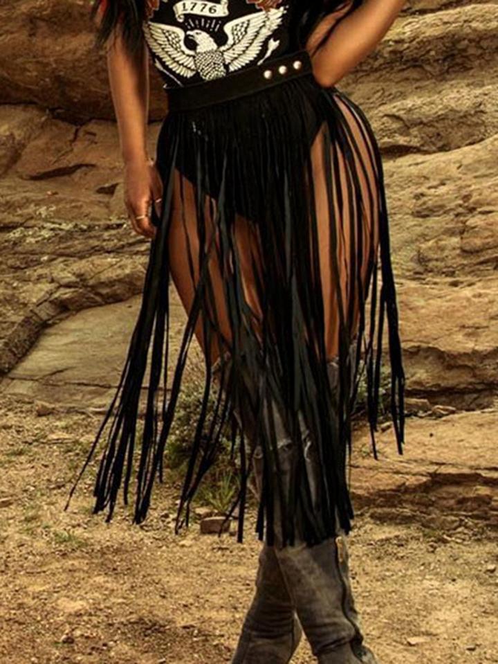 Choies Black Polyurethane Button?placket Side Chic Women Tassel Skirt