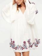 Choies White V-neck Embroidery Floral Flared Sleeve Mini Dress